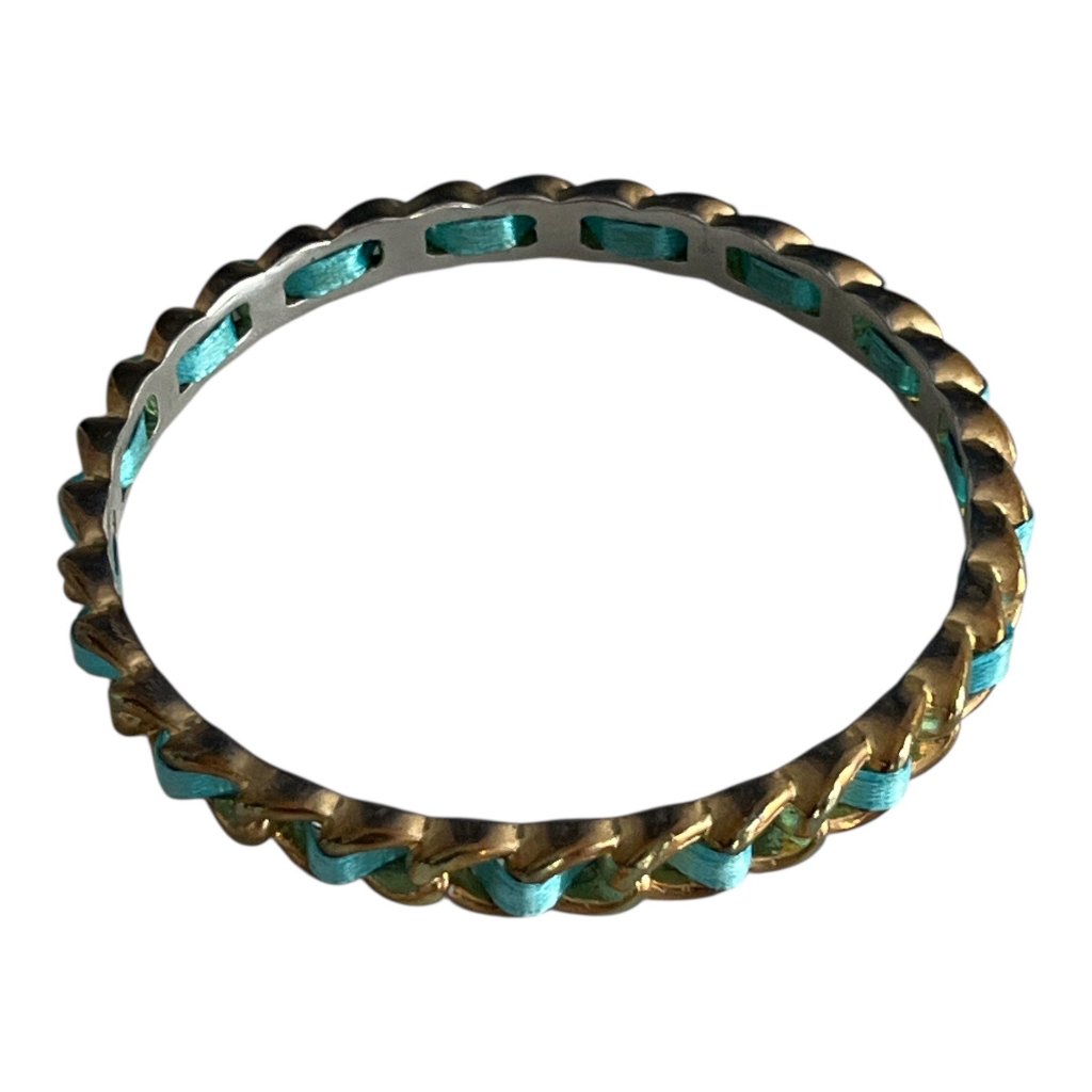 Vintage Graziano Gold-Tone And Aqua Ribbon Woven Bangle Bracelet 3” Diameter